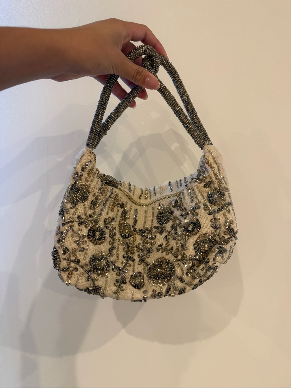 Embellished Cream Beaded Shoulder Bag